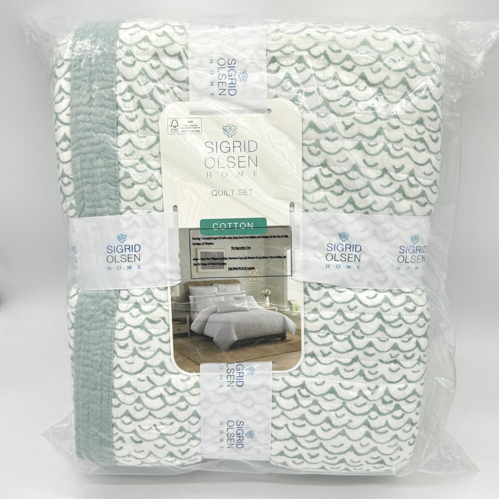 Sigrid Olsen FULL / QUEEN Fiji Fish Sage Green Cotton Quilt Set NEW